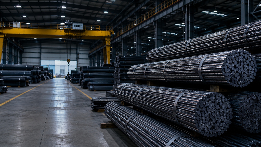 Srinivasa Steel Corporation industrial steel warehouse with stacked TMT reinforcement bars